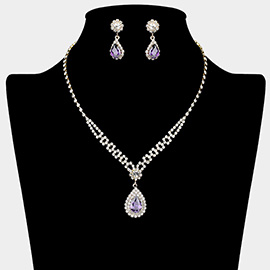 Teardrop CZ Stone Pendant Accented Rhinestone Paved Necklace