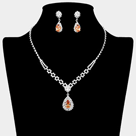 Teardrop CZ Stone Pendant Accented Rhinestone Paved Necklace