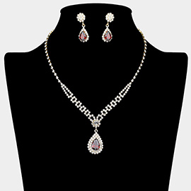 Teardrop CZ Stone Pendant Accented Rhinestone Paved Necklace