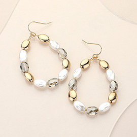 Pearl Metal Faceted Pebble Beaded Open Teardrop Dangle Earrings