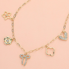 Flower Bow Quatrefoil Heart Charm Station Paperclip Chain Necklace