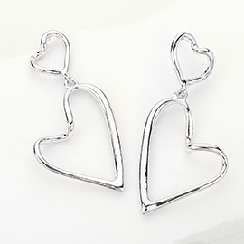 Double Hammered Metal Open Heart Dangle Earrings