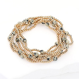 6PCS - Natural Stone Metal Ball Beaded Stretch Multi Layered Bracelets