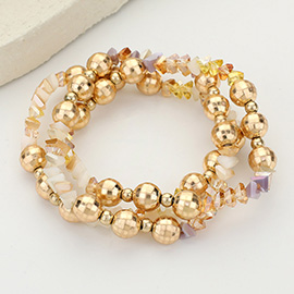 3PCS - Metal Ball Faceted Beaded Stretch Multi Layered Bracelets