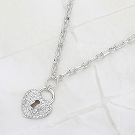 Stone Paved Heart Lock Pendant Necklace