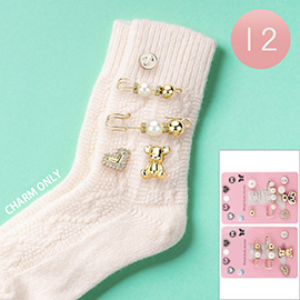 12 SET OF 5 - Pearl Safety Pin Metal Teddy Bear Stone Embellished Heart Pin Trendy Slouch Socks Charm Jewelry