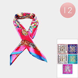 12PCS - Colorful Vintage Patterned Square Silk Feel Scarves