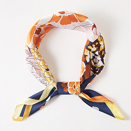 Multi Flower Printed Square Silky Satin Bandana Scarf
