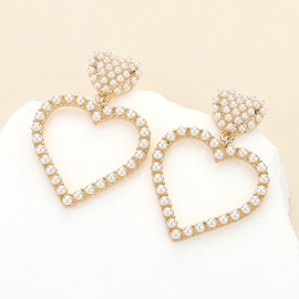 Pearl Embellished Double Heart Link Dangle Earrings