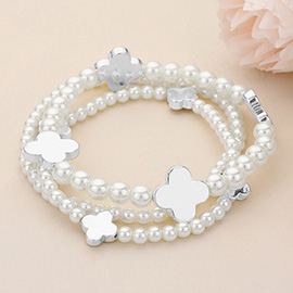 3PCS - Metal Quatrefoil Pearl Beaded Stretch Multi Layered Bracelets