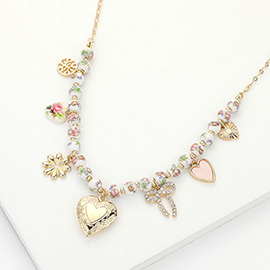 Floral Heart Pearl Heart Locket Charm Station Necklace