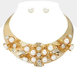 Pearl Embellished Textured Metal Choker Necklace