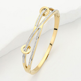 Stainless Steel Stone Paved Crisscross Hinged Bangle Bracelet