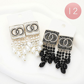 12Pairs - Square Pearl Fringe Earrings