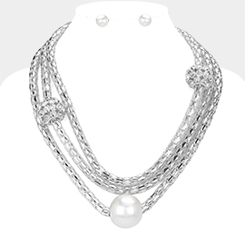 Pearl Rhinestone Ball Pointed Mesh Chain Layered Statement Necklace