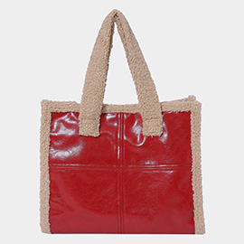 Fleece Trim Faux Leather Tote Bag / Crossbody Bag