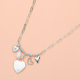 Metal Heart Pearl Charm Paperclip Chain Necklace