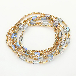 6PCS - Skinny Metal Ball Rectangle Faceted Beaded Stretch Multi Layered Bracelets