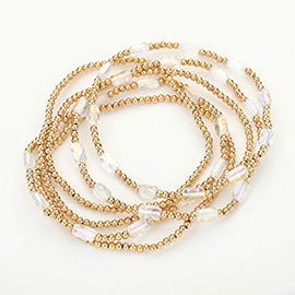 6PCS - Skinny Metal Ball Rectangle Faceted Beaded Stretch Multi Layered Bracelets