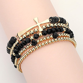 5PCS - Metal Cross Accented Faceted Beaded Stretch Multi Layered Bracelets