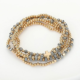 5PCS - Metal Cross Pointed Faceted Beaded Stretch Multi Layered Bracelets