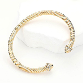 Stone Paved Tip Twisted Brass Metal Cuff Bracelet