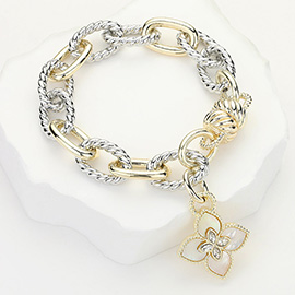 14K Gold Plated Mother of Pearl Clover Charm Chunky Chain Magnetic Bracelet