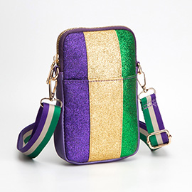 Faux Leather Mardi Gras Sparkle Front Small Crossbody Bag