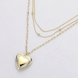 Brass Metal Textured Heart Locket Pendant Triple Layered Necklace