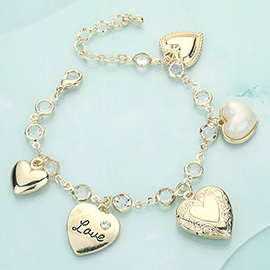 Metal Heart Locket Pearl Heart Charm Chain Bracelet