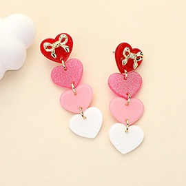 Metal Bow Pointed Glittered Resin Heart Link Dropdown Earrings