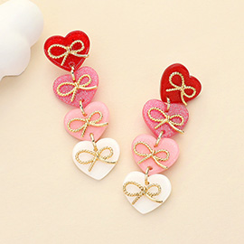 Metal Bow Pointed Glittered Resin Heart Link Dropdown Earrings