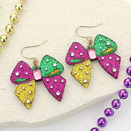 Glittered Resin Stone Embellished Mardi Gras Bow Dangle Earrings