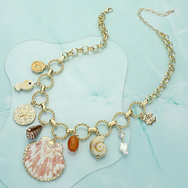 Shell Sand Dollar Pearl Clover Fish Charm Station Necklace