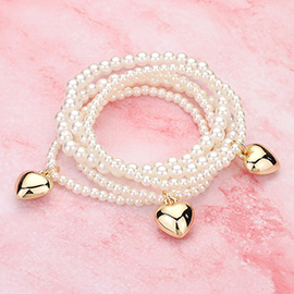 5PCS - Metal Heart Charm Pearl Beaded Stretch Multi Layered Bracelets