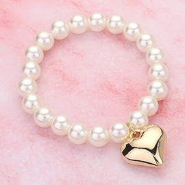 Metal Heart Charm Pearl Beaed Stretch Bracelet