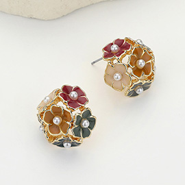 Pearl Enamel Flower Cluster Stud Earrings