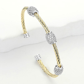 Triple CZ Stone Paved Barrel Accented Twisted Cuff Bracelet