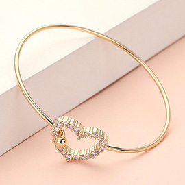 CZ Stone Paved Open Heart Accented Bangle Bracelet