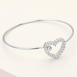 CZ Stone Paved Open Heart Accented Bangle Bracelet