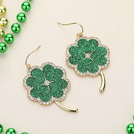 Stone Embellished Glittered St Patricks Four Leaf Clover Dangle Earrings