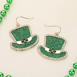 Stone Embellished Glittered St Patricks Hat Dangle Earrings