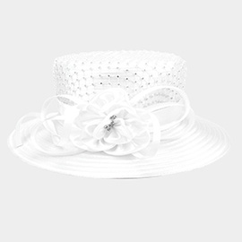 Stone Embellished Flower Bow Accented Dressy Hat