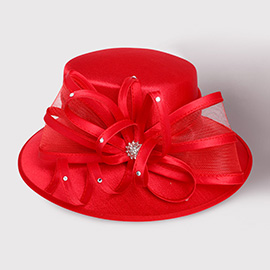 Flower Mesh Bow Accented Dressy Hat