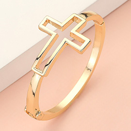 Open Metal Cross Accented Hinged Bangle Bracelet