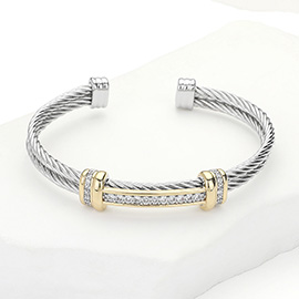 Two Tone CZ Stone Paved Rope Cuff Bracelet