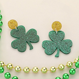 St Patricks Day Glittered Resin Shamrock Clover Dangle Earrings