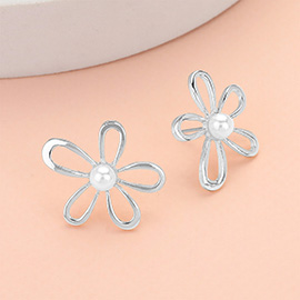 Pearl Centered Metal Flower Earrings