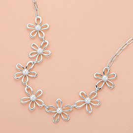 Pearl Centered Metal Flower Link Necklace