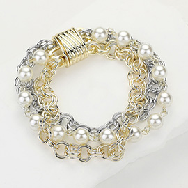 14K Gold Plated Two Tone Chunky Industrial Chain Pearl Layered Magnetic Bracelet